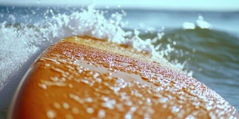 Poster - A close-up shot of a surfboard floating on calm waters, ideal for travel or sports-related use