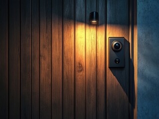 Poster - A close-up shot of a light shining on a wooden door, great for use in interior design or architecture scenes