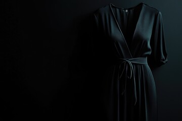 Poster - A black dress hangs on a black wall in a minimalist space