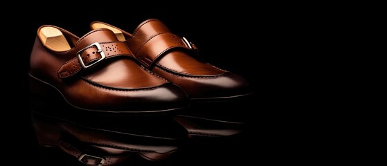 Poster - A pair of brown shoes sit alone on a black surface, ready for use