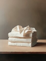 Poster - Stack of folded towels resting on a wooden table, ready for use