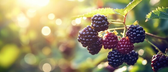 Poster - A bunch of blackberries hang from a tree branch, ripe and ready for picking