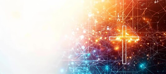 Fototapete - Jesus Cross symbol with colorful light elements on copy space background. Christian religion concept. Generative AI technology.	
