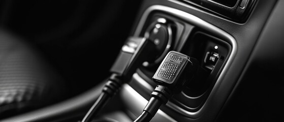 Poster - A close-up shot of a black and white car dashboard with various instruments and controls