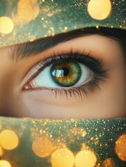 Poster - A detailed view of a human eye with golden light shining from behind, ideal for uses such as spirituality or technology concepts