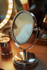 Poster - A mirror sits on top of a wooden table with a simple and elegant design