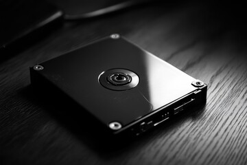 Aufkleber - A close-up shot of a hard drive sitting on a wooden table, providing a minimalist and modern backdrop for your digital content