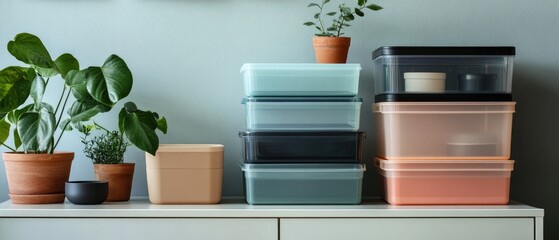 Poster - Stacked plastic containers sitting on top of a dresser