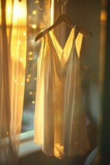 Poster - A white dress is hanging in front of an open window, with sunlight streaming through