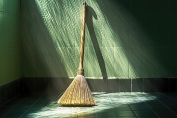 Poster - A broom is placed in the center of a well-maintained tiled floor