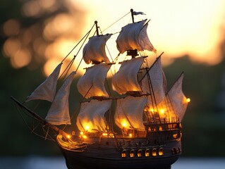 Poster - A model of a sailing ship lit up at night, perfect for use in nautical or maritime-themed designs