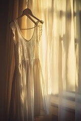 Poster - A dress hangs on a hanger in front of a window, perfect for showcasing fashion or design