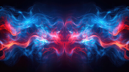 Poster - Symmetrical digital abstract artwork of red and blue light flows, representing futuristic energy, duality, motion and power. Technology-inspired glowing smoke waves. Banner with copy space