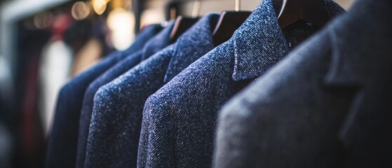 Aufkleber - A row of jackets hanging on a rack, suitable for fashion, clothing store or lifestyle images