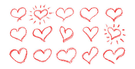 Poster - set of red hearts signs drawn by wax pencil. love symbols in doodle style. collection of hand drawn 