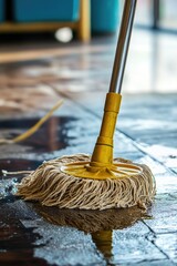 Poster - A wet mop leaning against a floor with a yellow handle