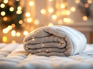 Aufkleber - A cozy scene featuring a blanket folded up on a bed in front of a decorated Christmas tree