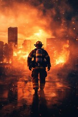Aufkleber - A firefighter escapes the flames as the city burns behind them