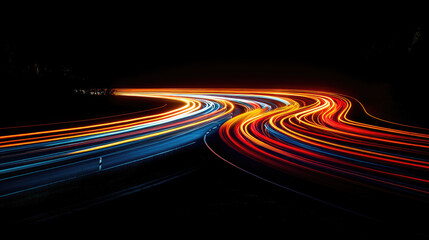 Aufkleber - Abstract neon light trails in vibrant motion, forming dynamic curved lines against a black background, symbolizing high-speed technology,futuristic data flow, digital communication. Banner. Copy space