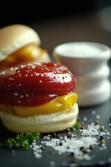 Poster - A close-up shot of a sandwich with ketchup and mustard applied
