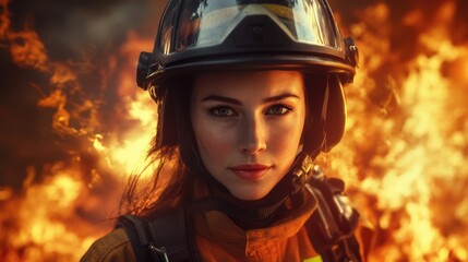 Poster - A woman wearing a firefighter's helmet stands near a fire, giving a sense of bravery and determination