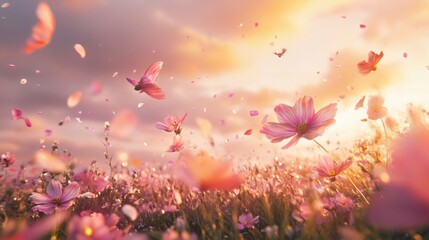 Poster - A colorful field filled with pink flowers and fluttering butterflies, perfect for spring or summer themes