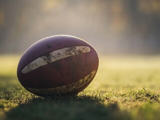 Poster - A single football sits on the top of a lush green grassy field, awaiting play to begin