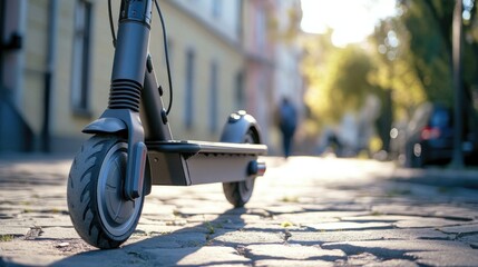 Poster - A scooter parked on a historic cobblestone street, perfect for travel or city scenes