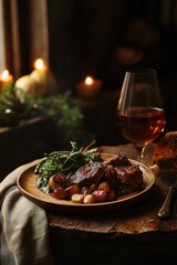 Poster - A plate of food and a glass of wine on a table, ready to be enjoyed
