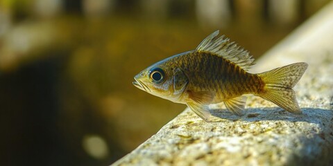 Poster - A close-up view of a fish sitting on a rocky ledge, ready to jump or swim away