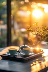 Aufkleber - A simple and cozy scene with a tray holding two cups of coffee on a table