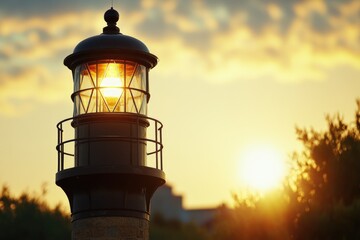 Poster - A streetlight shining bright at the top of a metal pole in a urban setting, ideal for use in cityscapes or infrastructure images