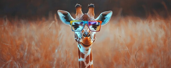 Wall Mural - Whimsical giraffe wearing colorful glasses, standing in a field of tall grass