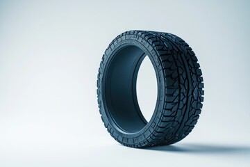 Poster - A single black tire sits on a white background, isolated and focused