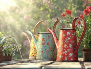 Poster - A collection of watering cans resting on a wooden table
