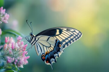 Poster - A black and white butterfly sits on a pink flower, highlighting the contrast between its colors and the flower's vibrant hue