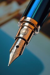 Poster - Close-up of a fountain pen on a bright blue background, suitable for use in presentations or product demonstrations