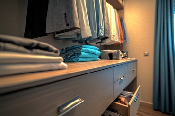 Poster - A cluttered closet filled with various clothing items and storage drawers