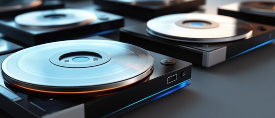 Aufkleber - A detailed view of a CD player sitting on a table, suitable for use in technology or electronics-related contexts