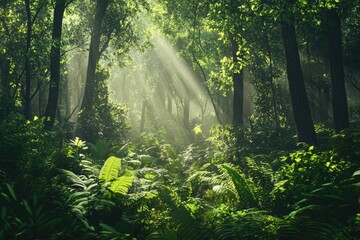 Poster - a serene scene of sunlight peeking through the forest canopy, ideal for use as a background or to ev