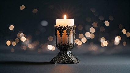 Poster - elegant candle in ornate holder illuminating a dark space with warm bokeh lights in the background d
