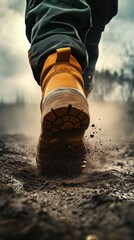 Aufkleber - A close-up shot of a person's shoes on a dirt road, suitable for travel or adventure-related concepts