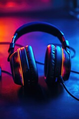 Poster - A pair of headphones sits on a table, ready for use