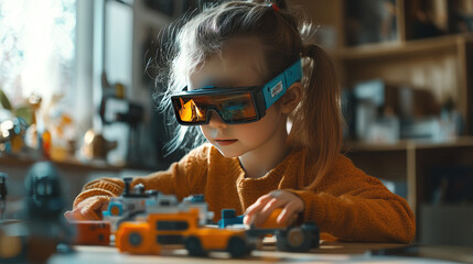Poster - Generation Alpha child using virtual reality headset to explore futuristic technology environment while playing with interactive toys, innovation concept, banner, copy space