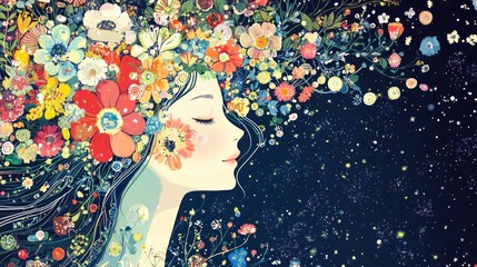 Wall Mural - Woman's profile adorned with a vibrant cascade of colorful flowers and greenery against a dark, starry background