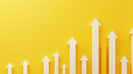 Wall Mural - White arrows on a yellow bar graph point upwards, symbolizing growth and progress in a clear and visually striking manner.