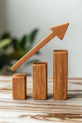 Wall Mural - Wooden bar graph with an upward pointing arrow on a white background, representing organic growth or progressive increase.
