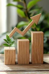 Wall Mural - Wooden bar graph with an upward pointing arrow on a white background, representing organic growth or progressive increase.