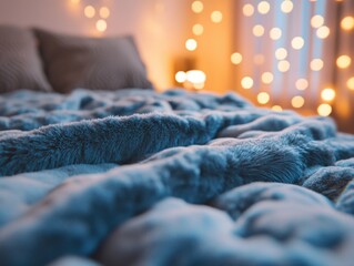 Aufkleber - Cozy bedroom scene with a bed covered in a blue blanket, near a window