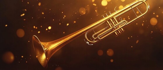 Poster - A golden trumpet sits on a dark black surface